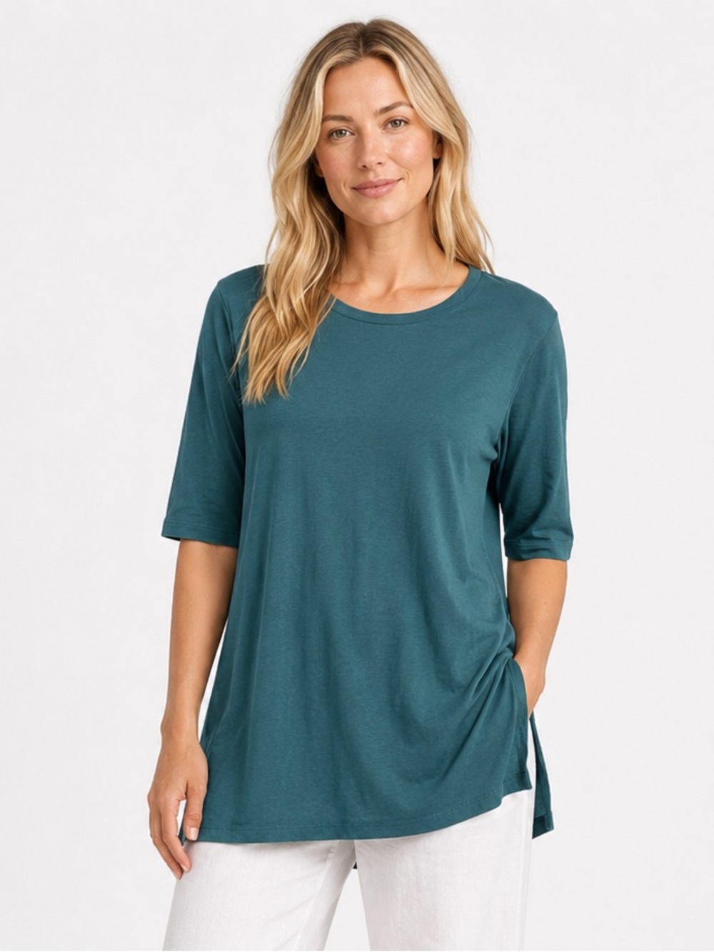 Eileen Fisher Organic Cotton Easy Jersey Tunic Teal Green Elbow Sleeve Top S